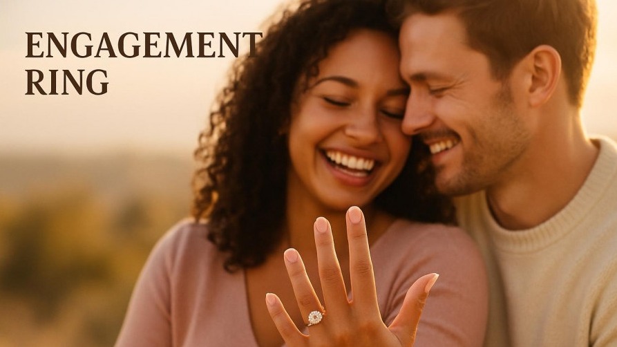 Happy couple enjoying a moment with custom engagement ring in warm golden light.