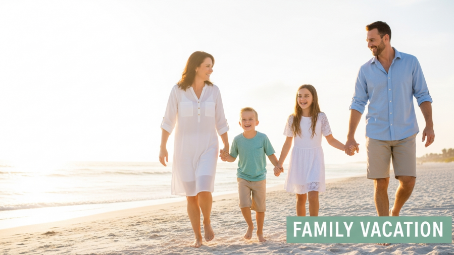 Happy family vacation on a sunlit Florida beach, parents and kids laughing together.