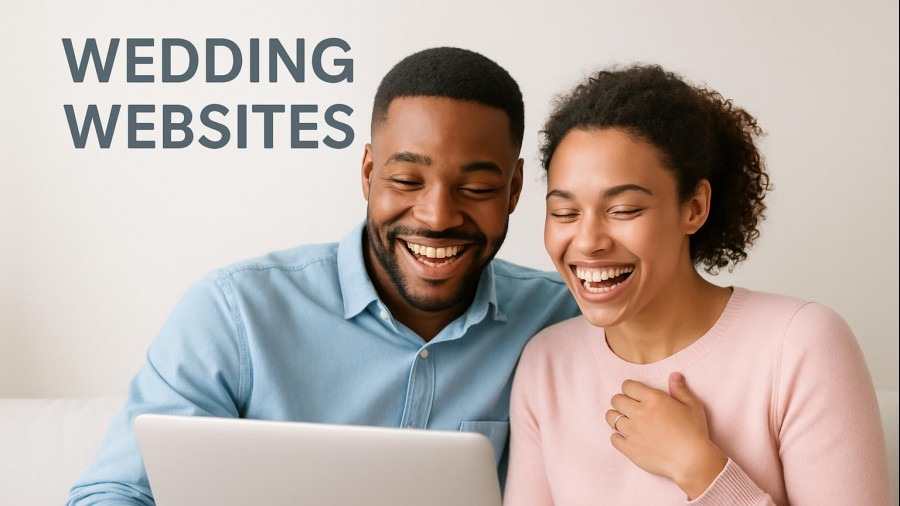 Joyful couple planning their wedding using a laptop, with wedding website tips.