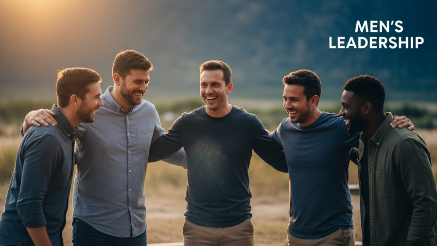 Men's leadership: Diverse men sharing laughter in warm golden hour light.