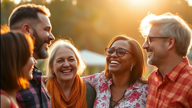 Joyful pastors celebrating community in warm golden light at Florida camp.
