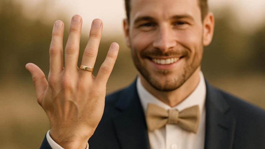 Stylish groom proudly showcasing his wedding band for men in warm afternoon light.