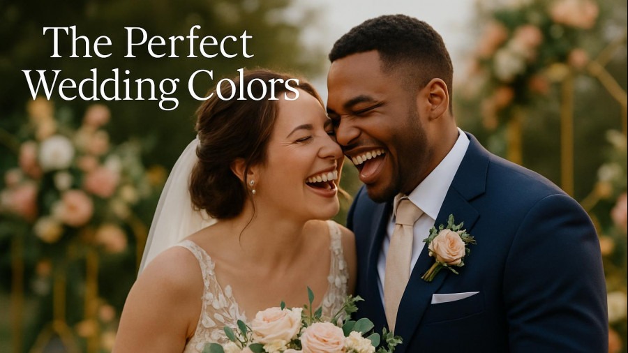 Joyful bride and groom in a vibrant wedding design with blush pink and navy blue.