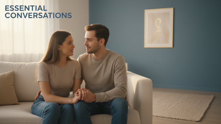 Engaged couple discussing financial talks before marriage, showing warmth and connection.