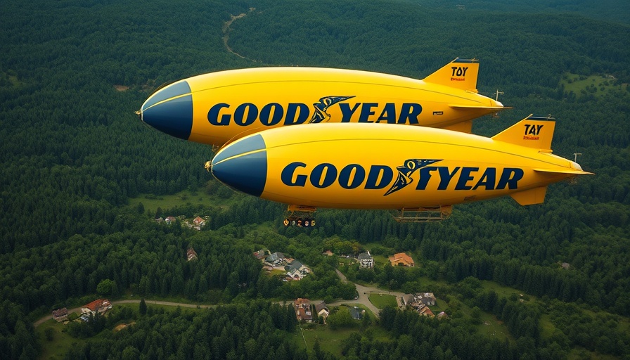 Goodyear blimps flying over a green landscape for 100th anniversary.