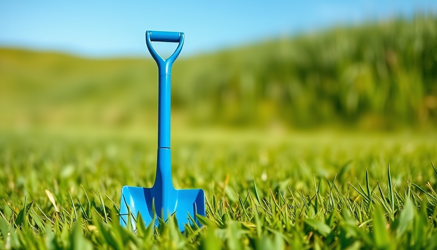 Call 811 before you dig - safety shovel in grassy field under bright sun.