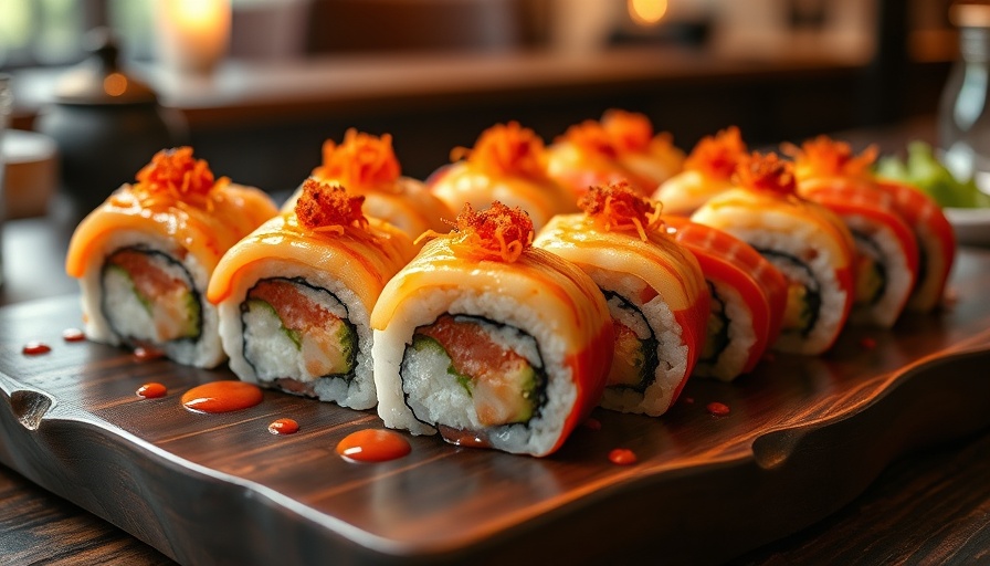 Vibrant sushi rolls with sauce and roe, showcasing CNY Food and Lifestyles.