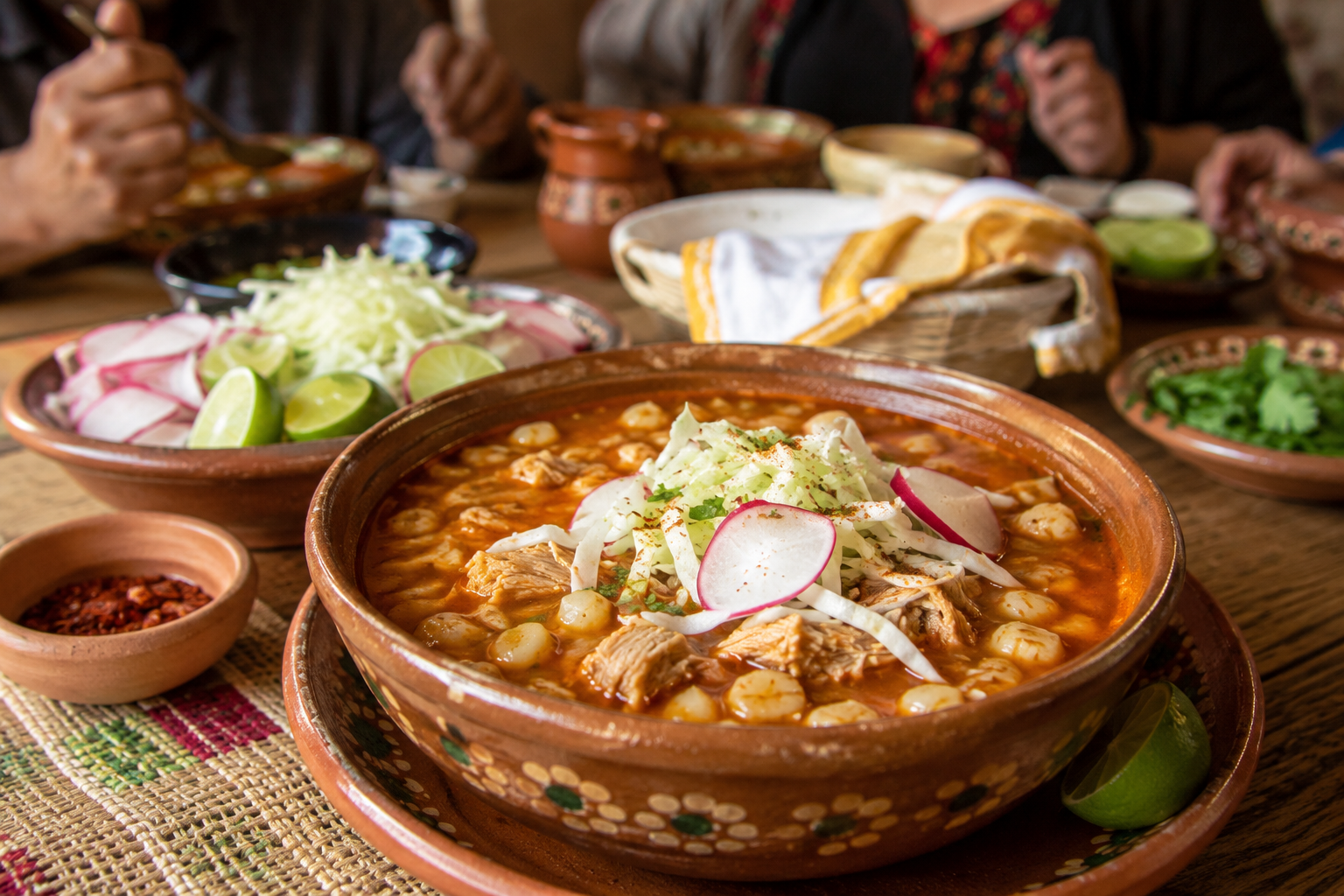 Traditional Mexican pozole served during a family gathering, featuring hominy, shredded meat, cabbage, radishes, and lime in a warm restaurant setting.