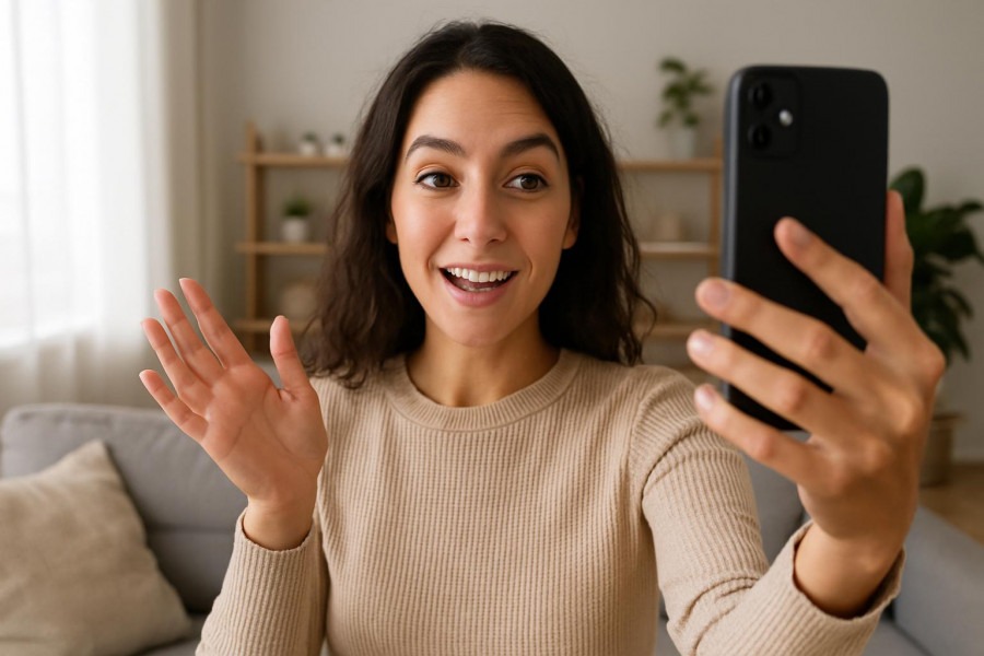 Influencer crafting a social media story to enhance reach, visually engaging.