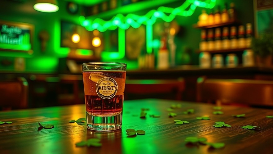 Cozy St. Patrick's Day scene with Irish whiskey, shamrocks, and soft green lighting.