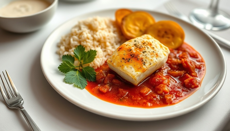 Bacalao a la Vizcaina dish with rice and plantains on a plate.