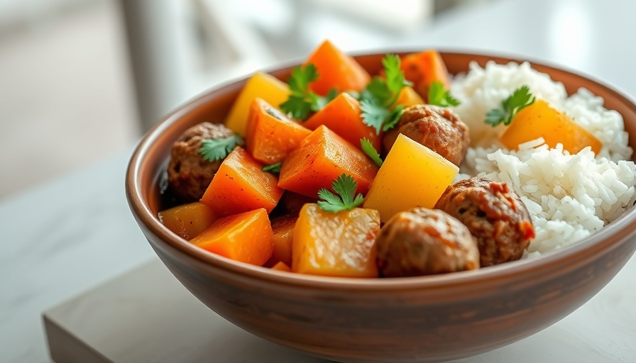Simple slow cooker meal with meatballs, vegetables, and rice.