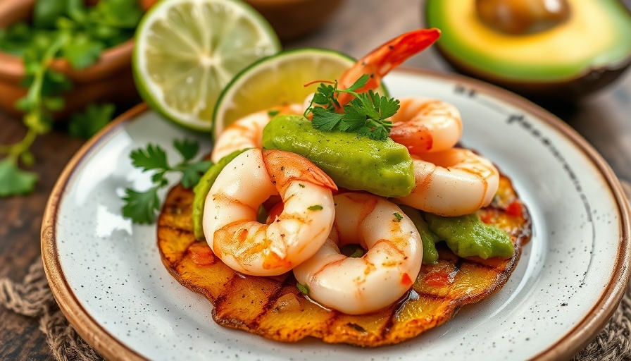 Green plantain dish with shrimp and avocado, lime garnish.