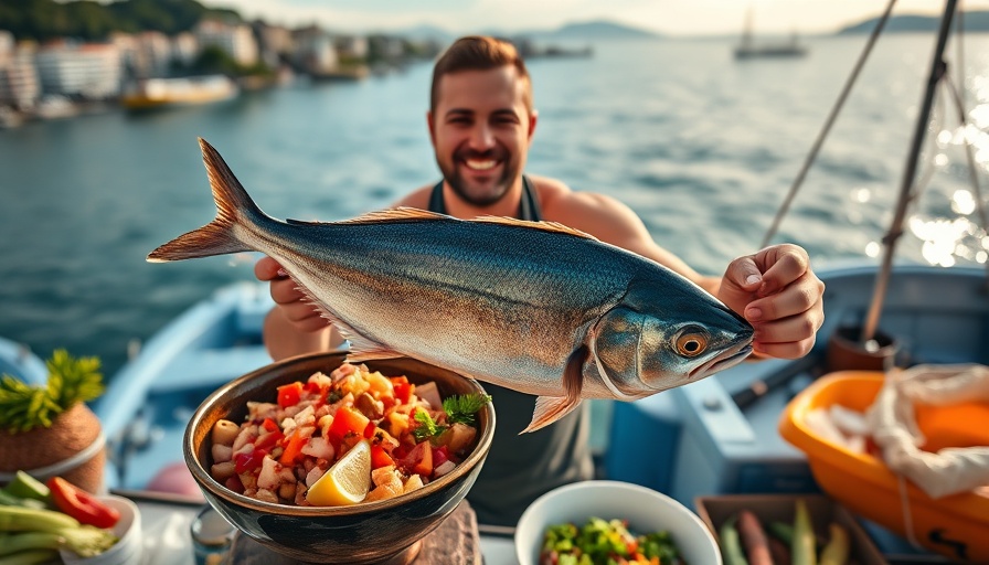 Man prepares Peruvian cuisine ceviche on a boat with city view.