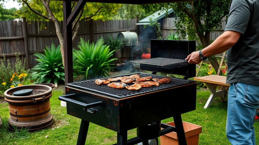 Argentinian parrilla grill in a lush green backyard setting.
