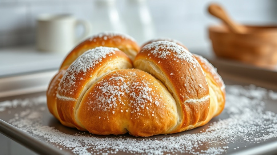 Freshly baked Pan de Muerto dusted with sugar on a tray.