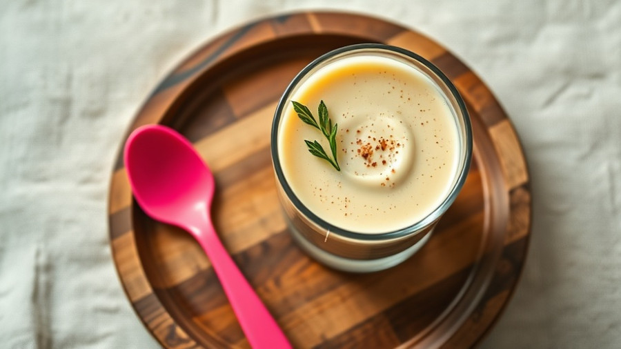 Glass of creamy homemade Colombian Kumis with neon spoon.