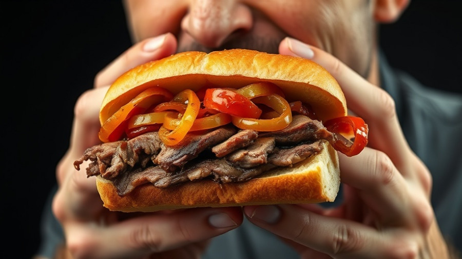 Bondiola sandwich with onions being enjoyed, vibrant style.