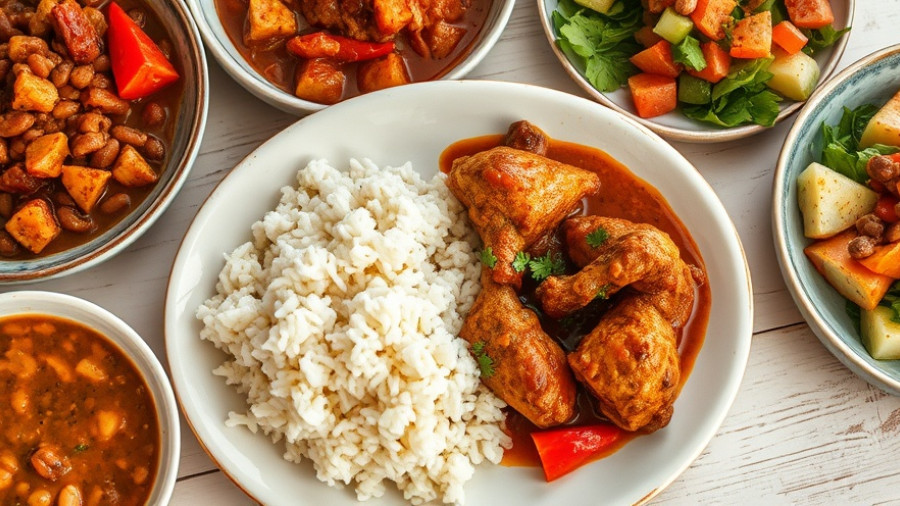 Authentic Dominican lunch spread with stewed chicken, rice, beans, and salad on a wooden table.