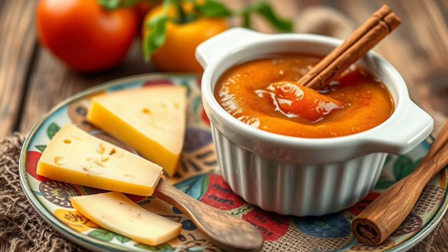 Dulce de Tomate de Arbol dessert with cheese on a colorful plate.
