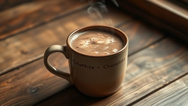 Delicious Colombian hot chocolate in a mug on wooden table.