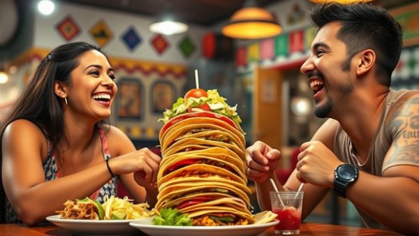 Friends enjoying tacos in a vibrant Mexico City restaurant.