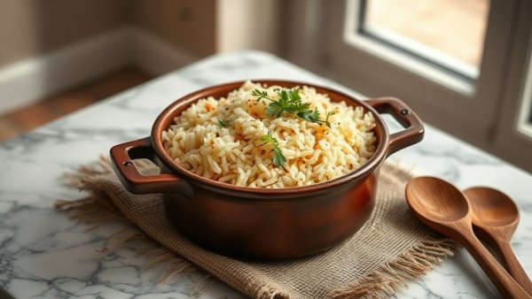 Appetizing Thanksgiving side dish of rice pilaf in a rustic pot.
