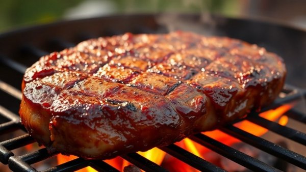 Sizzling steak on grill, asado argentino style, smoky and juicy.