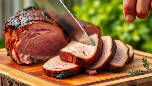 Juicy Boston Butt in Argentinian BBQ style being sliced outdoors.