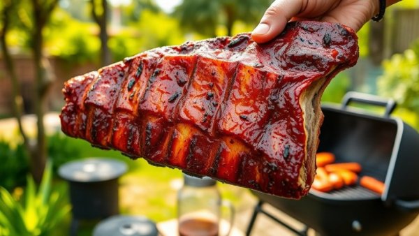 Deliciously grilled Costillar de Cerdo held by a cook in a garden.