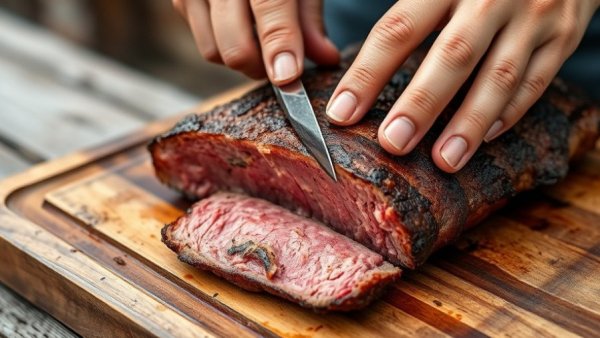 Slicing juicy asado argentino with crisp crust outdoors.