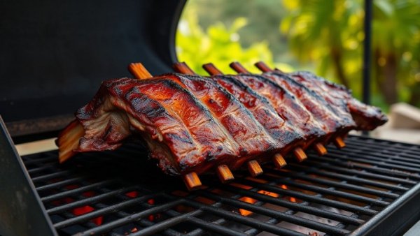 Authentic Argentinian cuisine ribs roasting on an open grill.