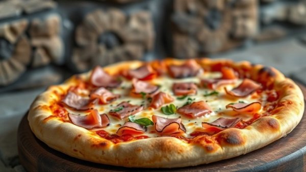 Argentinian cuisine pizza with ham and cheese, rustic oven.