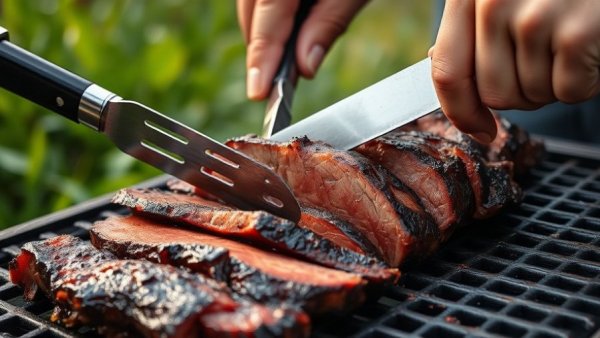 Argentinian cuisine: juicy grilled meat being sliced outdoors.