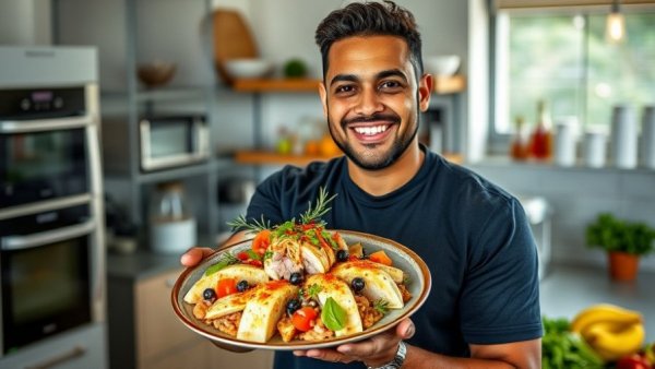 Smiling man shows tiradito de atún dish in modern kitchen.