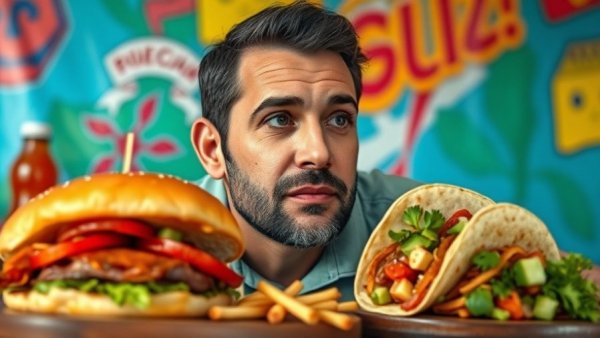 Argentinian cuisine with sandwich and taco, vibrant design.