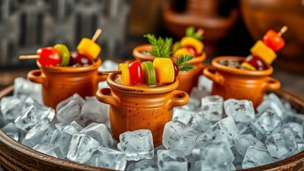 Colorful Cocktel Bandera Mexicana in clay pots with fruit skewers.