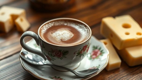 Warm cup of Colombian hot chocolate with cheese on a floral saucer.
