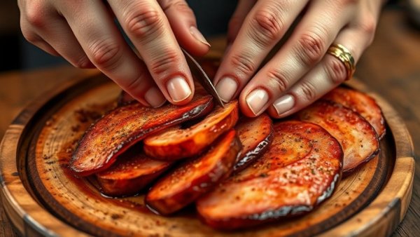 Argentinian cuisine: hands slicing chinchulines on a wooden plate.