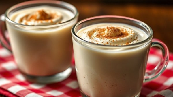 Glass of Masato de Arroz with cinnamon topping on a checkered cloth.