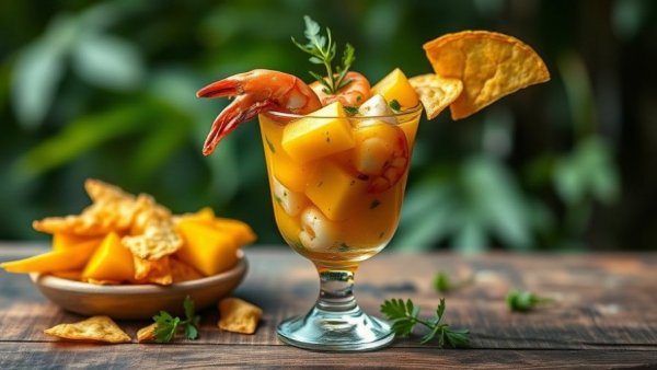 Vibrant mango shrimp cocktail with plantain chips in an outdoor garden.