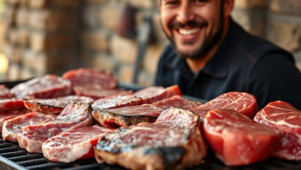 Argentinian BBQ raw steaks on grill with smiling man.