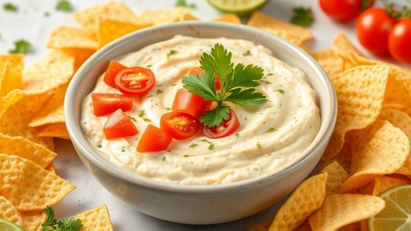 Cottage cheese queso dip with tomatoes and chips displayed appetizingly.