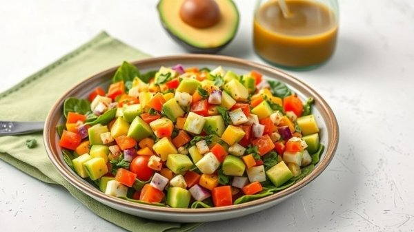 Fresh Dominican-style avocado salad with diced avocado, tomatoes, onions, peppers, and a light vinaigrette.