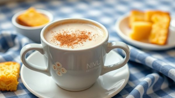 Candil Creamy Warm Drink in a white mug with cinnamon sprinkle.