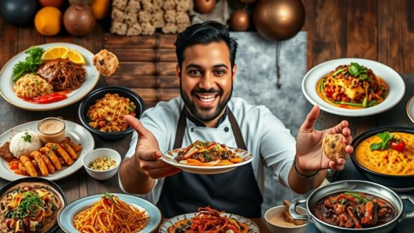 Collage of mollejas dishes with a chef, showcasing Argentinian cuisine.