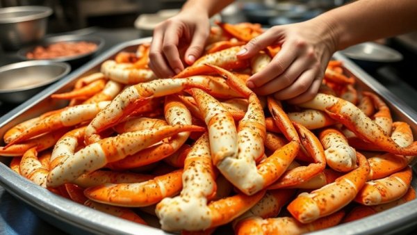 Hands preparing seafood in a Peruvian kitchen.