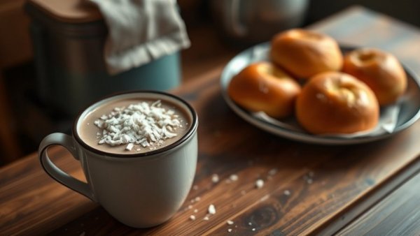 Delicious hot chocolate in coconut milk with buns.