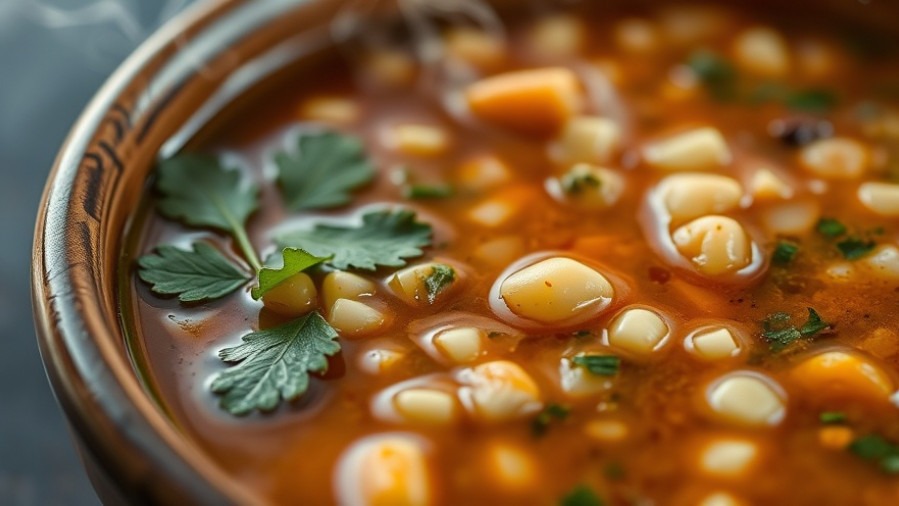 Traditional Mexican pozole soup with hominy
