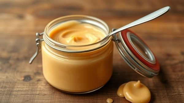 Colombian arequipe (dulce de leche) in a glass jar with spoon on wooden table